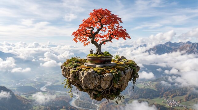 Floating rock island with red maple bonsai tree hovering over scenic mountain valley clouds.