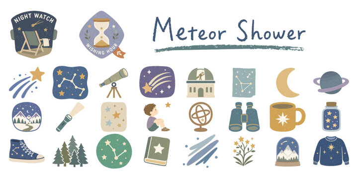 流星群と天体観測グッズの手描きイラストセット／Meteor Shower、Stargazing、Astronomy Icons、Night Sky