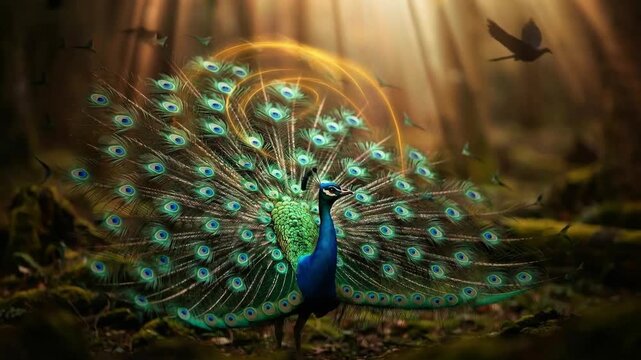 A stunning male peacock standing in a mystical forest with its vibrant, colorful tail fully fanned out in a display, accented by a glowing golden energy ring and glowing light effects