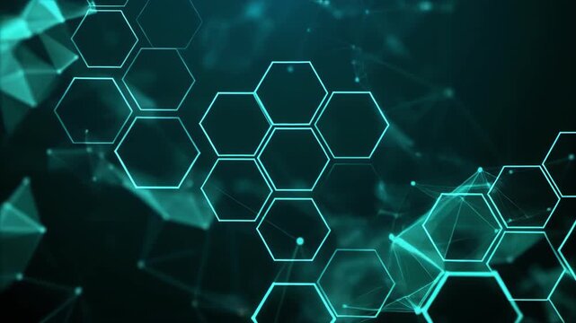 Teal Hexagonal Network Abstract Motion Background with Floating Particles and Connections