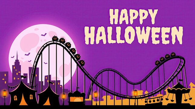 Purple halloween illustration captures spooky rollercoaster, pumpkin carts, full moon, city skyline, and 'happy halloween' text, for joy.