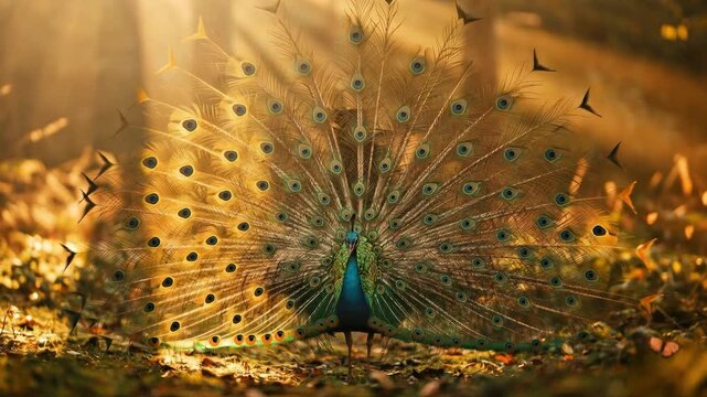 A magnificent male peacock displaying its brilliant turquoise and blue body along with a fully fanned-out tail train featuring vibrant eye spots (ocelli)