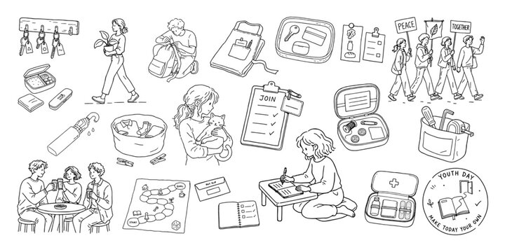 若者の日常と自立を描いた線画素材集、勉強・友情・ボランティア／Youth Lifestyle・Education・Friendship・Volunteering