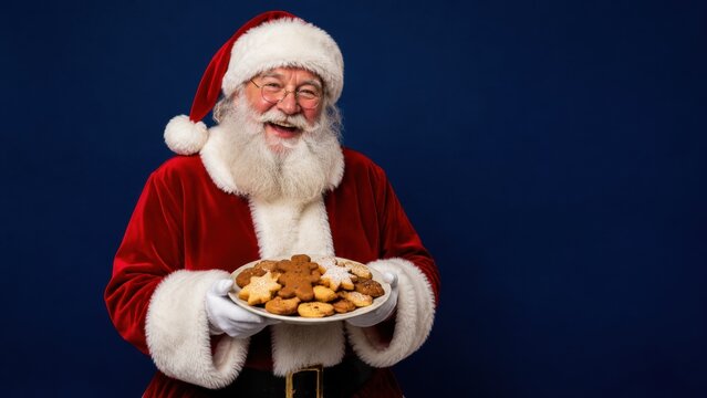 Santa holding plate of Christmas cookies on blue background