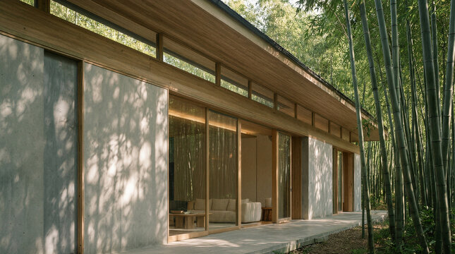 Modern linear residence featuring pale pine wood and smooth concrete with continuous clerestory windows surrounded by bamboo