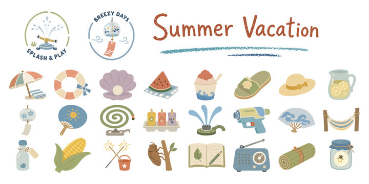 夏休みのレジャーと風物詩のイラストセット／Summer Vacation、Leisure、Seasonal Icon Set