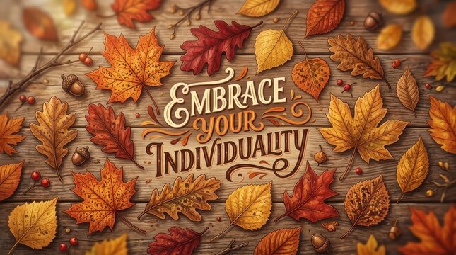 Autumn Leaves and "Embrace Your Individuality" Text on Rustic Wooden Table Background