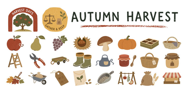 秋の収穫と農作業の手描き風アイコンセット／Autumn Harvest、Farm Work、Icon Set