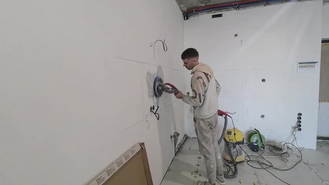 A worker stands at a construction site, smoothing a plastered drywall surface with a tool. Another worker sands the plastered walls with a sander. The room has white walls and a simple design. 