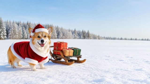 Corgi in santa outfit pulling gift sled in snowy field