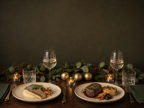 Festive holiday dinner table with plated gourmet meals