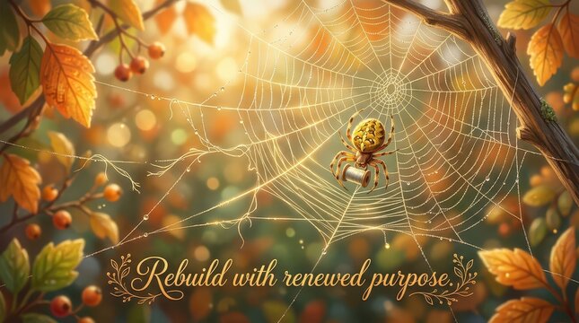 Autumn spider weaving a web with dew drops in golden sunlight, symbolizing resilience and rebuilding with renewed purpose.