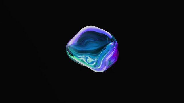 An abstract, fluid, and iridescent form of purple, blue, and green swirls against a stark black background, evoking a sense of mystery and digital art