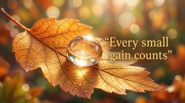 Close-up of a water droplet on a golden autumn leaf with bokeh lights and an inspirational quote about growth and progress