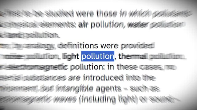 A looping clip featuring the phrase &ldquo;Pollution&rdquo; with dynamic typography, match-cut transitions, and radial blur effects.