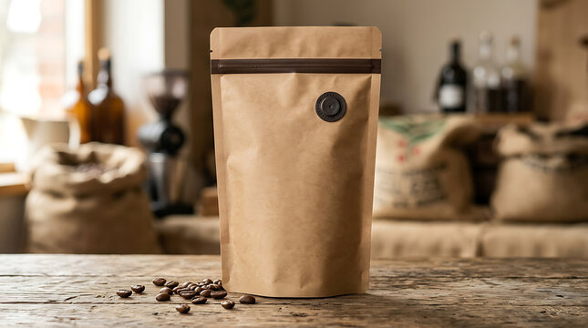Minimalist coffee bean bag mockup on rustic wooden table with kitchen background