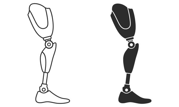 Prosthetic Leg Side View, Minimal Black and White Medical Line Art Illustration.