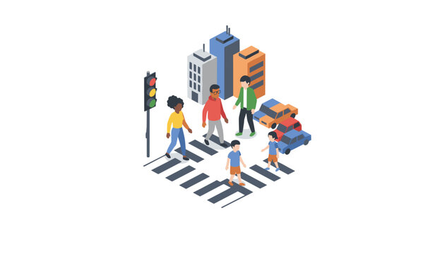 Pedestrians of various ages crossing a street on a zebra crosswalk while cars wait behind the white line.