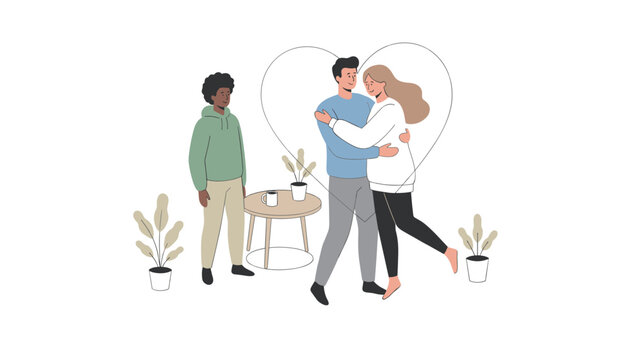 Sad young man looking at a happy couple hugging inside a giant heart outline, representing unrequited love.
