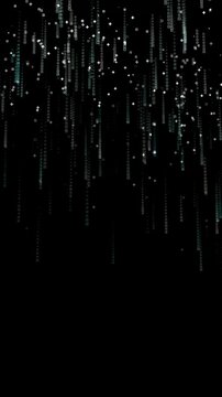 Vertical video 9:16 of abstract cyan glowing pixel rain and digital data streams falling on a black background. Matrix code motion design animation for social media reels, stories, and shorts.
