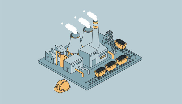 Coal power plant industrial factory with smoking chimneys and coal delivery train carts in isometric perspective.