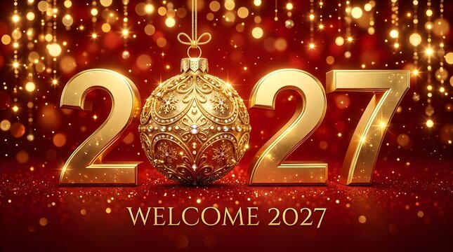Golden new year 2027 celebration with ornament and sparkling lights background