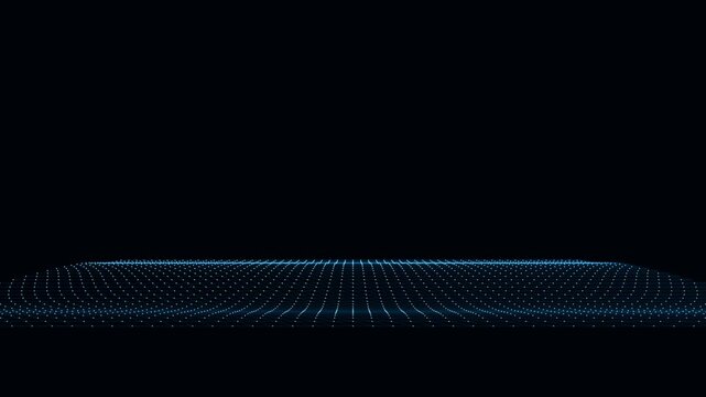 Abstract digital 3D landscape composed of glowing blue dots and lines forming a wireframe mesh with gentle undulating terrain against a dark void symbolizing data networks or virtual reality environme