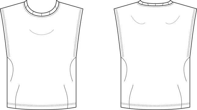 Technical sleeveless T shirt fashion flat sketch with front and back views, ribbed crew neckline, armholes and seam details