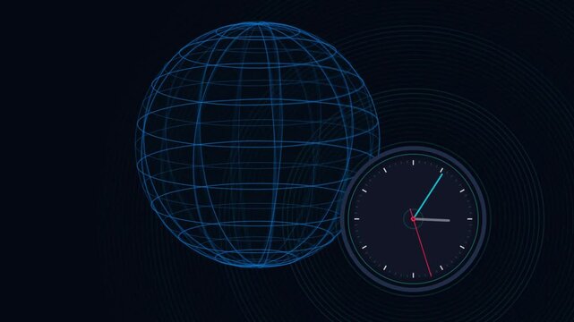 Abstract digital globe composed of glowing blue grid lines with a modern analog clock face featuring time hands indicating a specific hour in a dark technological background with circular patterns