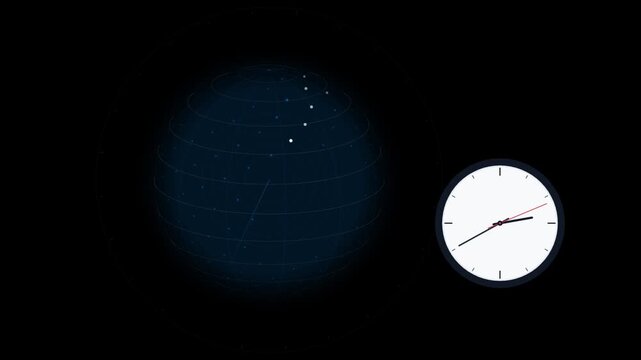 Abstract digital globe network with interconnected points and modern clock face displaying the passage of time