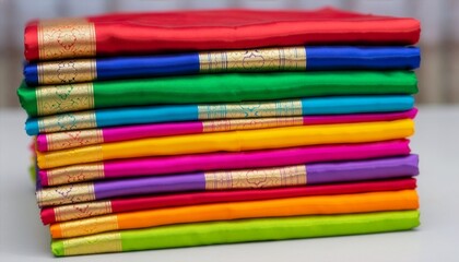 Fototapeta premium Neatly folded sarees in nine bright colours stacked in a tall pile with visible silk weave and shining gold zari borders