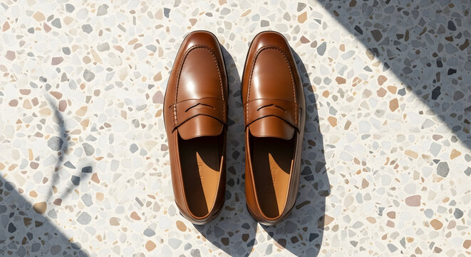 Elegant Brown Leather Slip-On Shoes Presented on a Textured Floor Under Natural Sunlight in a Stylish Minimalist Setting