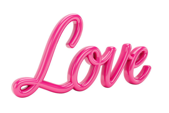 Glossy pink three dimensional script text spelling the word love on a white surface isolated on a transparent background