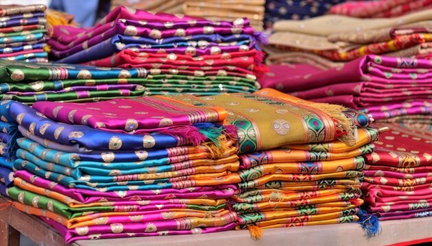 Stacks of embroidered chaniya choli fabrics with mirror work and bright block printed borders piled on a market stall table