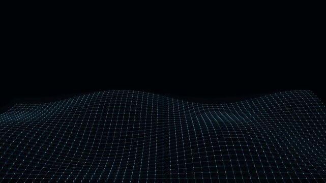 Abstract futuristic glowing blue digital grid network with wavy terrain and interconnected nodes forming a dynamic landscape representing technology and data visualization
