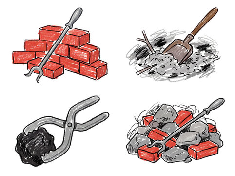 Hand drawn construction and fireplace tools sticker set