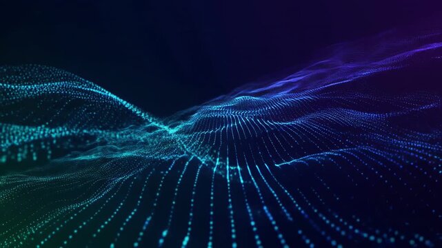 Abstract Digital Landscape flowing with glowing particles during a futuristic sunrise with subtle camera movement