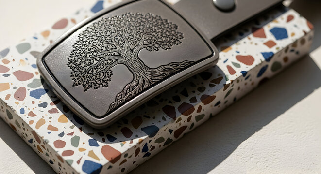 Artistic Tree Design Metal Buckle on Terrazzo Background Highlighting Texture and Form in Modern Fashion Accessory Still Life Composition