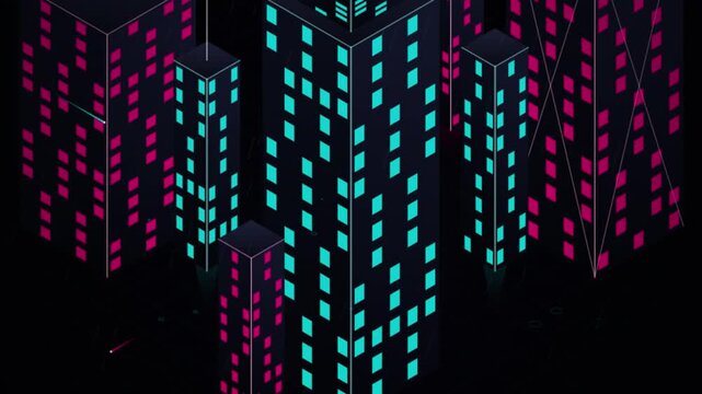 Abstract isometric city skyline with glowing windows in magenta and cyan representing a futuristic urban environment at night