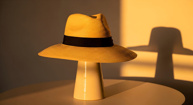 Elegant Yellow Hat Casting Warm Shadow on a Round Table in Soft Sunlight in an Aesthetic Interior Setting