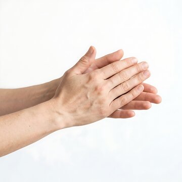 Human hands rubbing together in a gentle skincare gesture isolated on a plain white background.