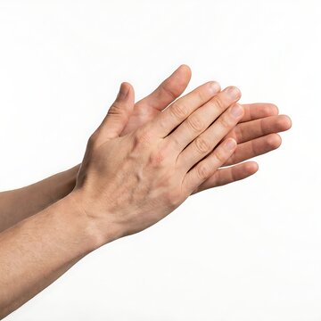 Close up of human hands rubbing together for skin care isolated on a seamless white background space.