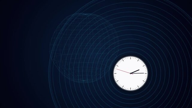 Global time concept with a wireframe sphere and analog clock face symbolizing worldwide synchronization and the passage of time in business