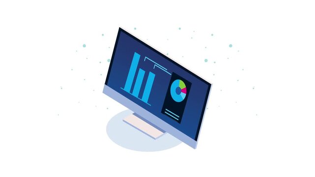 Isometric desktop computer with business statistics and charts on screen dynamic motion graphic animation.