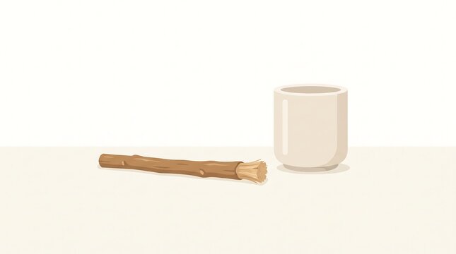 Miswak stick with a small ceramic container for natural teeth cleaning in traditional islamic hygiene and sunnah lifestyle concept