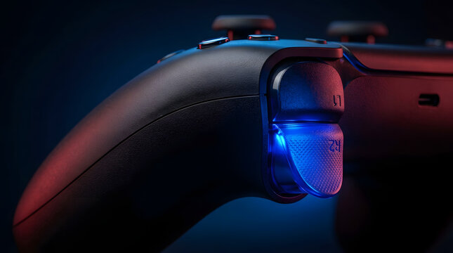 Modern gaming controller with glowing blue light.