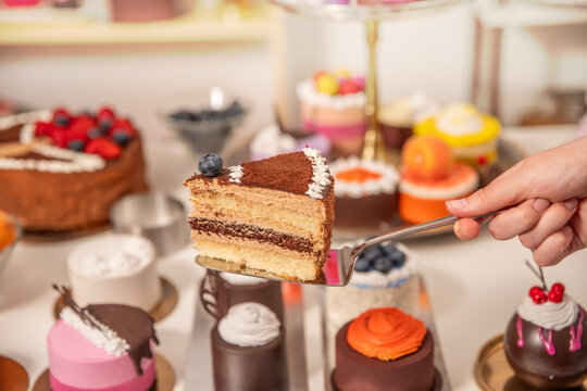 Slice of layered chocolate cake with cream and blueberry served on a spatula, surrounded by assorted pastries and desserts.