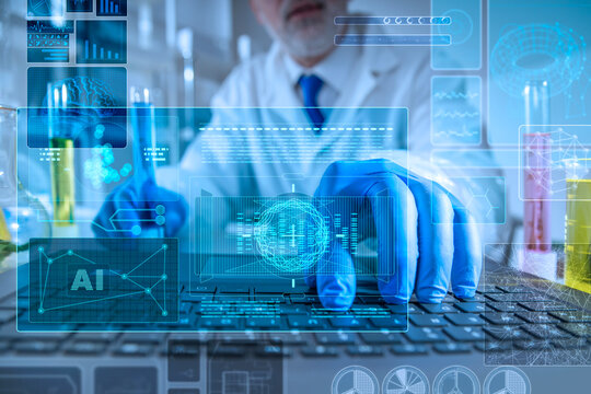 Experienced professor working in a laboratory using artificial intelligence, laptop and holographic scientific interface. Digital academic research, data visualization, future laboratory technology.