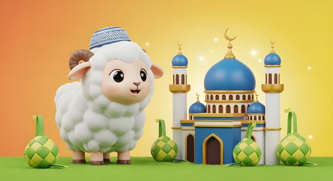 3D Character Illustration of Cute Sheep Mascot Wearing Prayer Cap Standing in Front of Blue Dome Mosque and Ketupat Background for Eid al-Adha Islamic Celebration Poster and Greeting Card