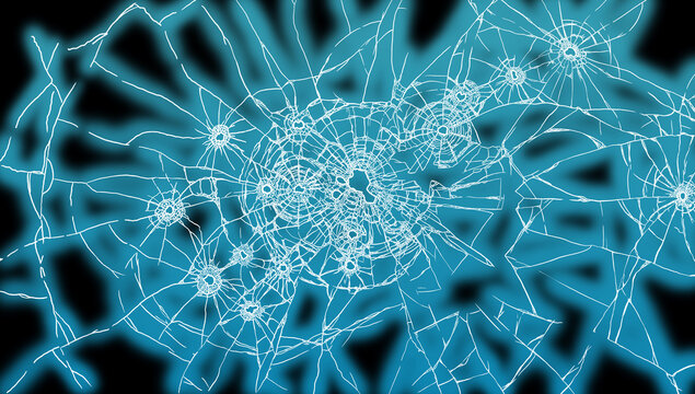 Glowing blue bullet crack pattern texture on black background